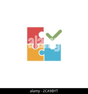 Puzzle shape connection with check mark. together compound and coupling in process, vector puzzles game sign, puzzle move together. Stock vector Stock Vector