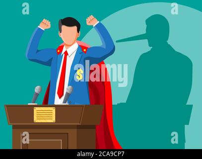 Super businessman with long nose shadow on wall. Orator speaking from tribune. Public speaker. Liar, lying people in business. Cheat, fraud, scam, hoax and crime. Vector illustration in flat style Stock Vector