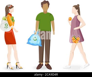 Man and women using reusable ecology bags when going to grocery store or taking out trash. Vector Stock Vector