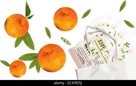 Orange fruits with leaves and ecology bag. Reusable eco friendly products advertising. Vector Stock Vector