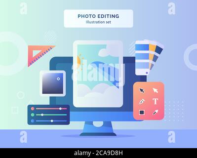 Photo editing illustration set picture on display monitor computer background of ruler color pallet text direct selection tool with flat style . Stock Vector