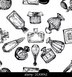 Seamless pattern of hand drawn sketch style bottles of perfume isolated on white background. Vector illustration. Stock Vector