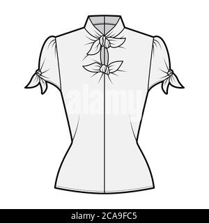 Knotted cutout blouse technical fashion illustration with high neckline, puffed volume sleeves, back zip fastening. Flat apparel template front, grey color. Women men unisex garment CAD mockup Stock Vector