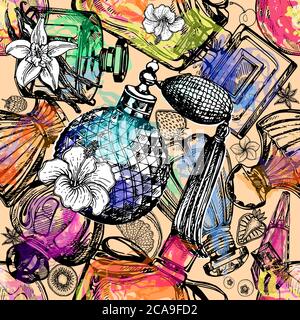 Colorful seamless pattern of hand drawn sketch style bottles of perfume and plants isolated on white background. Vector illustration. Stock Vector