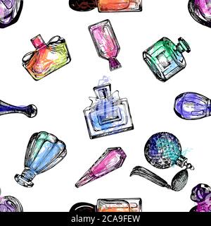 Seamless pattern of hand drawn sketch style colorful bottles of perfume isolated on white background. Vector illustration. Stock Vector