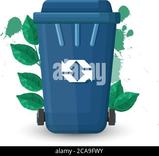 Blue trash can with lid and ecology sign. Green leaves on background. Vector Stock Vector