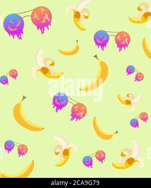 Whole and peeled bananas with dripping sunglasses pattern. Hot summer idea. Vector Stock Vector