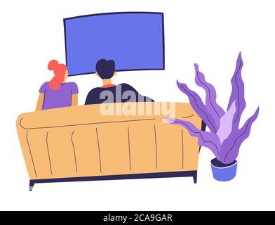 Couple watching film at home, man and woman on couch Stock Vector
