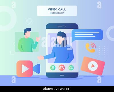 Video call illustration set women talk on display smartphone screen background of men camera video incoming call flat style Stock Vector