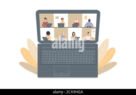 The concept of business videoconference,distance learning or online training during the virus epidemic.Laptop with a lot of open windows on Internet Stock Vector