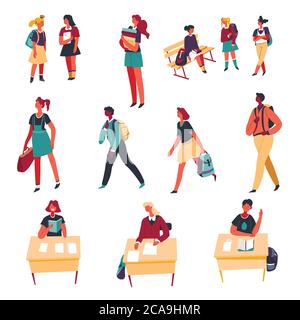 School classroom with schoolchild, pupils and teachers. Vector flat ...