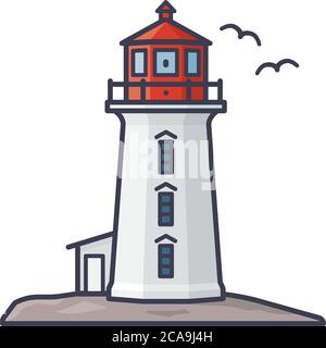 Peggys Cove lighthouse in Nova Scotia isolated vector illustration for Lighthouse Day on August 7. Stock Vector
