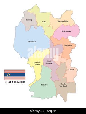 Administrative vector map of the Malaysian capital Kuala Lumpur with flag Stock Vector
