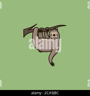 Sloth hanging from tree branch vector illustration for Lazy Day on August 10. Relaxation and slowliness symbol. Stock Vector