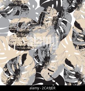Big palm leaves pattern. Grunge design. Beat up, scratched style. Vector Stock Vector