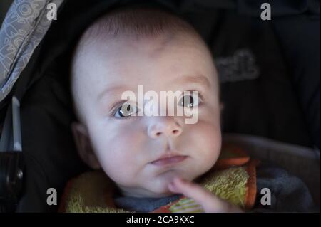 Six-month-old premature baby looks at the camera, eyes wide open Stock Photo