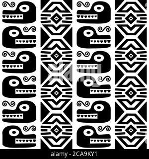 Aztec animals, Mayan snake, ancient Mexican vector seamless pattern in black on white background Stock Vector