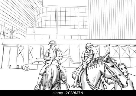 Cheerful police officers on horses in the city. Smiling man hugging the horse. Line art. Vector Stock Vector