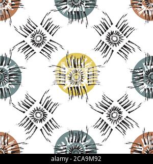 Vector tribal motifs seamless pattern background. Backdrop of grunge style sun symbol within square frayed brush stroke frames. Midcentury color and Stock Vector