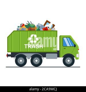 garbage truck with garbage goes to the landfill. waste recycling. vector dump truck isolated on white background. Stock Vector