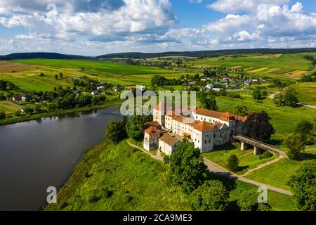 Svirzh castle in Lviv region Ukraine aerial view. Stock Photo