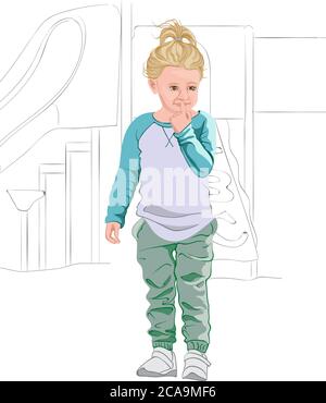 Thoughtful blonde kid in light blue and white t-shirt, pastel green pants and white sneakers. Thinking about a plan. Vector Stock Vector