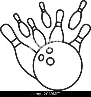 Bowling ball striking skittles vector line icon. Indoor ball game outline symbol Stock Vector