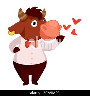 Bull sending kisses, romantic buffalo with hearts vector Stock Vector