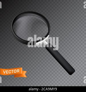 Magnifying glass with dark handle. 3D realistic vector illustration isolated on a transparent background Stock Vector
