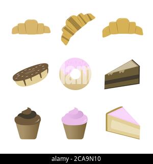 Bakery pastry products set. Coffee shop bake menu concept. Croissant, donuts, cake, muffin, cupcake, cheesecake in flat style vector illustration Stock Vector