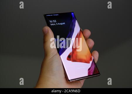 JULY 2020, RIGA - Newly launched Samsung Galaxy Note 20 5G  Android smartphone is displayed for editorial purposes Stock Photo