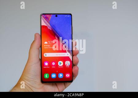 JULY 2020, RIGA - Newly launched Samsung Galaxy Note 20 5G  Android smartphone is displayed for editorial purposes Stock Photo