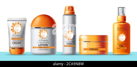 Set of sunscreen cream, lotion, spray and oil. UV protection. Water resistant. Realistic. Place for brand. Vector Stock Vector