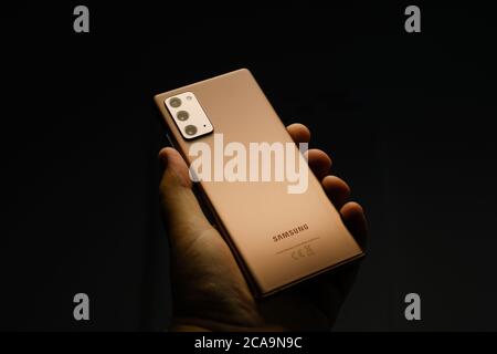 JULY 2020, RIGA - Newly launched Samsung Galaxy Note 20 5G  Android smartphone is displayed for editorial purposes Stock Photo