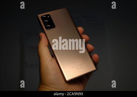 JULY 2020, RIGA - Newly launched Samsung Galaxy Note 20 5G  Android smartphone is displayed for editorial purposes Stock Photo