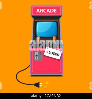 the arcade machine stopped working and a sign was closed on it. flat vector illustration. Stock Vector