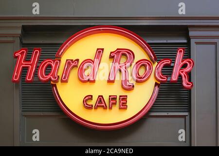 Lyon, France - September 5, 2019: Hard rock cafe logo on a wall in Lyon. Hard Rock Cafe Inc. is a chain of theme restaurants founded in 1971 Stock Photo