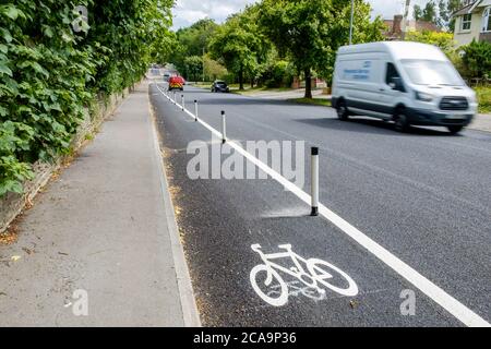 Chippenham, Wiltshire, UK. 5th August, 2020. Pictured is the new segregated cycleway along part of the A420 in Chippenham, the cycleway is the first of Wiltshire Council's road reallocation projects to be completed. It was built to make it easier and safer for pedestrians and cyclists to access shops, businesses and places of work. It is the first scheme to be complete in Wiltshire so far, with three others in progress one linking Winsley and Bradford on Avon; one in Salisbury linking Harnham to the city centre and a new cycleway in Trowbridge. Credit: Lynchpics/Alamy Live News Stock Photo