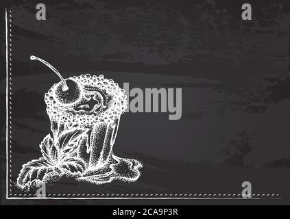 Vector template with fruit muffin stylized as chalk drawing on chalkboard.Design for a restaurant, cafe or bar Stock Vector