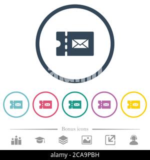 Postal discount coupon flat color icons in round outlines. 6 bonus icons included. Stock Vector