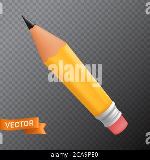 Wooden yellow office graphit pencil with a rubber eraser. 3D realistic vector illustration isolated on a transparent background Stock Vector