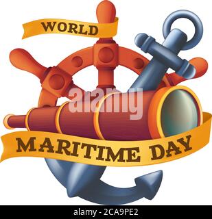 World Maritime Day design concept with steering wheel or rudder, spyglass and anchor. Vintage vector illustration isolated on a white background Stock Vector