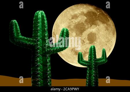 Two cactus plants in the desert at night with black sky and a large yellow full moon. Illustration. Elements of this image furnished by NASA. Stock Photo