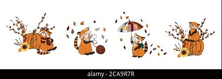 Vector set of autumn icons. Autumn composition. Stickers. Cute red panda. Pumpkin. Harvest. Thanksgiving Day. Illustration isolated on white Stock Vector