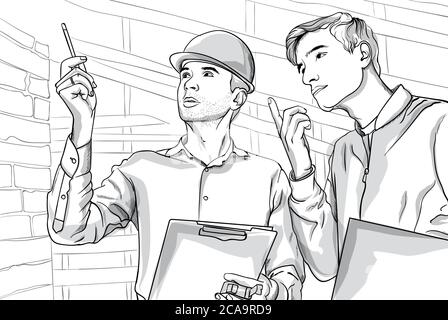 Two serious man on construction site talking. Thoughtful people. Line art. Vector Stock Vector