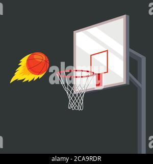 the ball flies into a basketball basket with great force. flat vector illustration Stock Vector