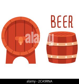 Wooden barrel sticker set on white isolated backdrop. Brewery for invitation or gift card, notebook, craft beer shop logo, scrapbook. Phone case or cl Stock Vector