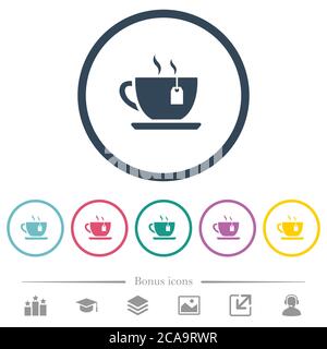 Cup of tea with teabag flat color icons in round outlines. 6 bonus icons included. Stock Vector