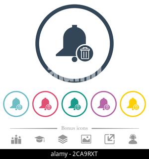 Delete reminder flat color icons in round outlines. 6 bonus icons included. Stock Vector