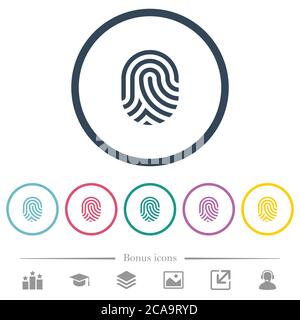 Fingerprint flat color icons in round outlines. 6 bonus icons included. Stock Vector